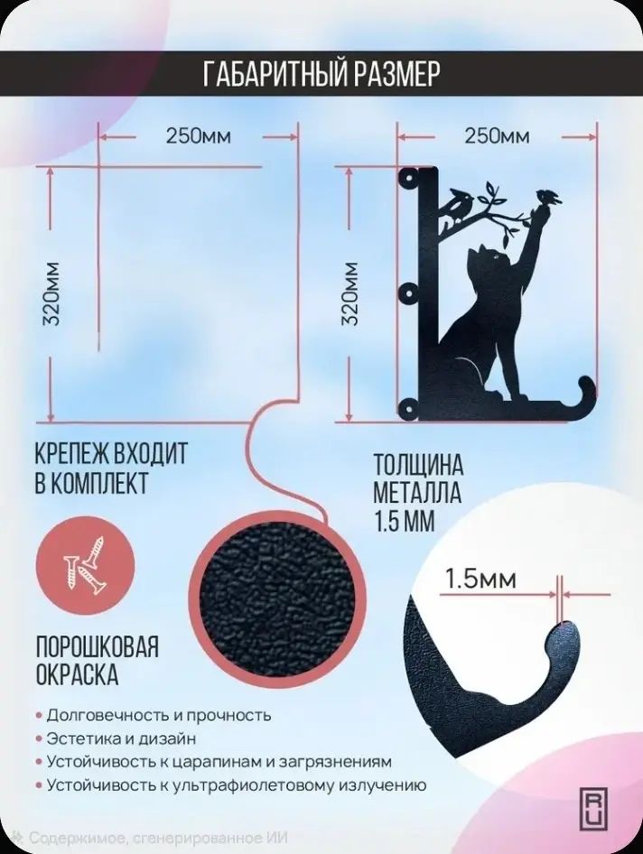Кронштейн для кашпо МЕГА Кот с птицей 1 шт черный